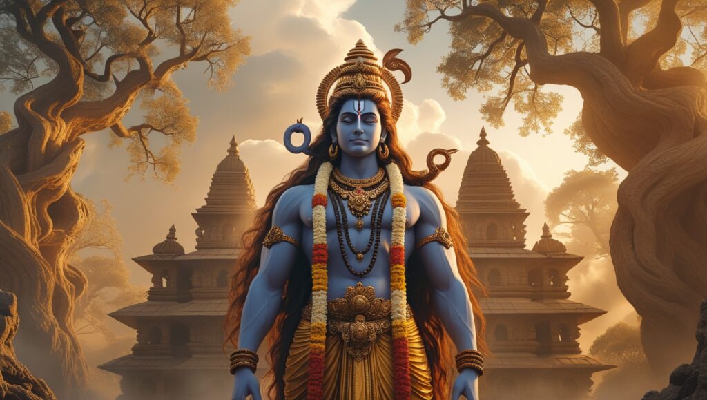 A depiction of Lord Shiva in front of a temple, representing key themes in Hindu mythology and devotion.